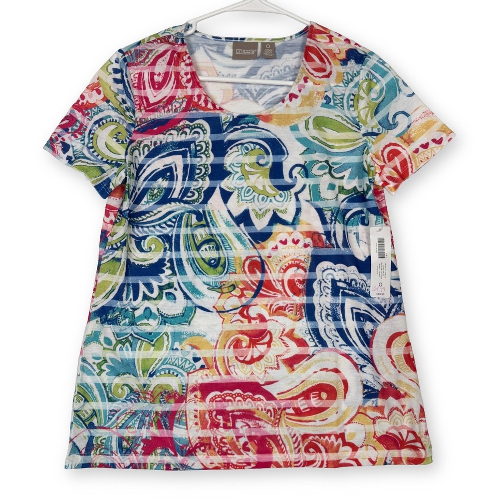 Chicos Prismatic Paisley Scoop Neck Knit Top Bright Fuchsia 570256731 Size 0 XS